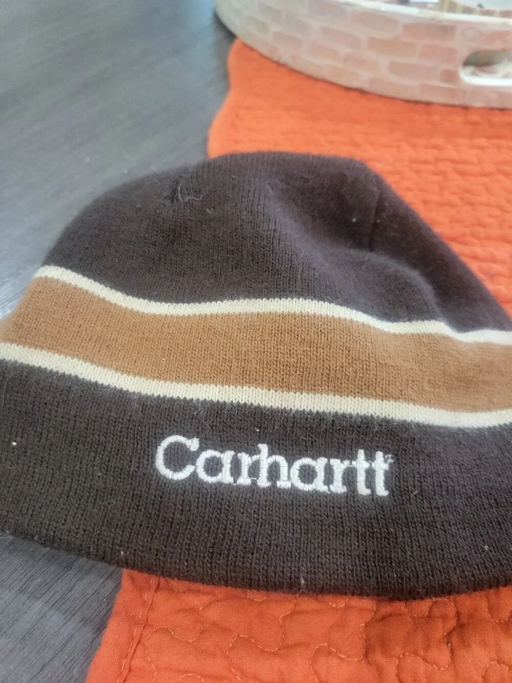 Carhartt Kids Brown Striped Knit Beanie Hat One Size USA Made Winter Acrylic Cap